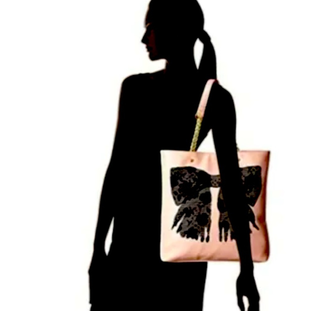 Betsey Johnson Pink Black Lace Bow Tote Bag Gold Chain Vintage Vegan New 💕